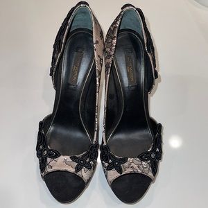 Louis Vuitton darling Black/Beige Lace/Satin Open Toe D'orsay Pumps in size 38/5